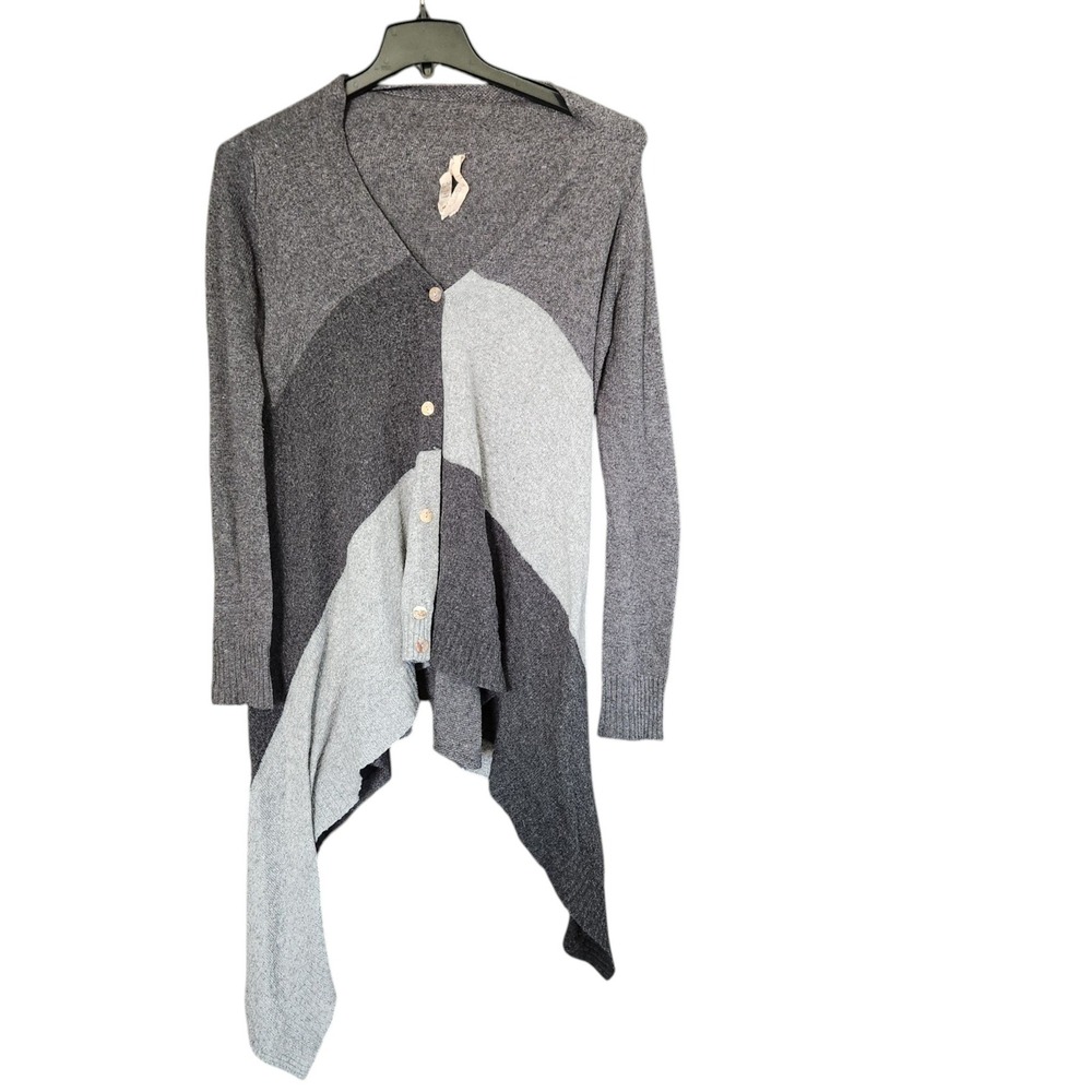 Mystree Angora Blend Colorblock Cardigan Gray Lagenlook Handkerchief Hem S/M